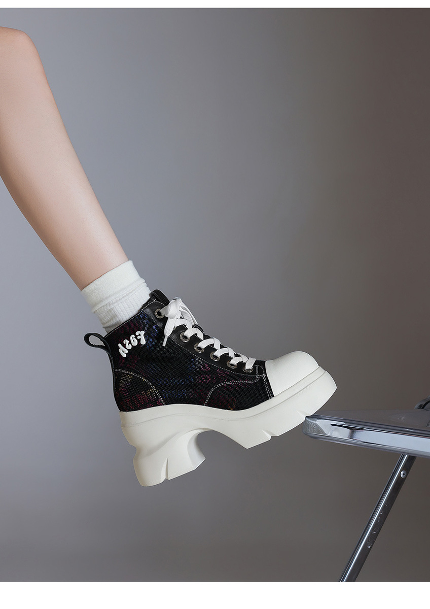 Boot nữ cổ ngắn tăng chiều cao 10cm gót thô đế dày phối màu — Lót nhung họa tiết hoa trắng đen, Lót nhung màu trắng đen, Màu hoa văn trắng đen, lót đơn, Màu trắng đen trơn, lót đơn