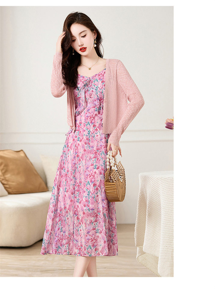 Set Áo Khoác Cardigan Dệt Kim Và Đầm Hai Dây Xòe Họa Tiết Hoa Phong Cách Thanh Lịch Màu Hồng, Xanh chi tiết 13