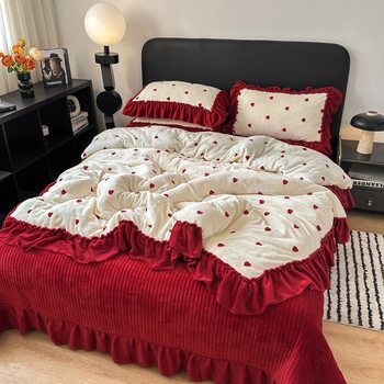 French-Style Large Lace Thickened Milk Velvet Bed Cover Four-Piece Set Winter Double-Sided Fleece Lace Duvet Cover Quilted Bed Sheet