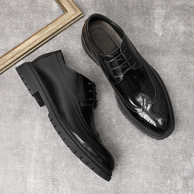 Giày Oxford nam da bò thật bề mặt bóng, đế cao su dày, kiểu brogue lịch lãm — Màu đen, Màu vàng nâu