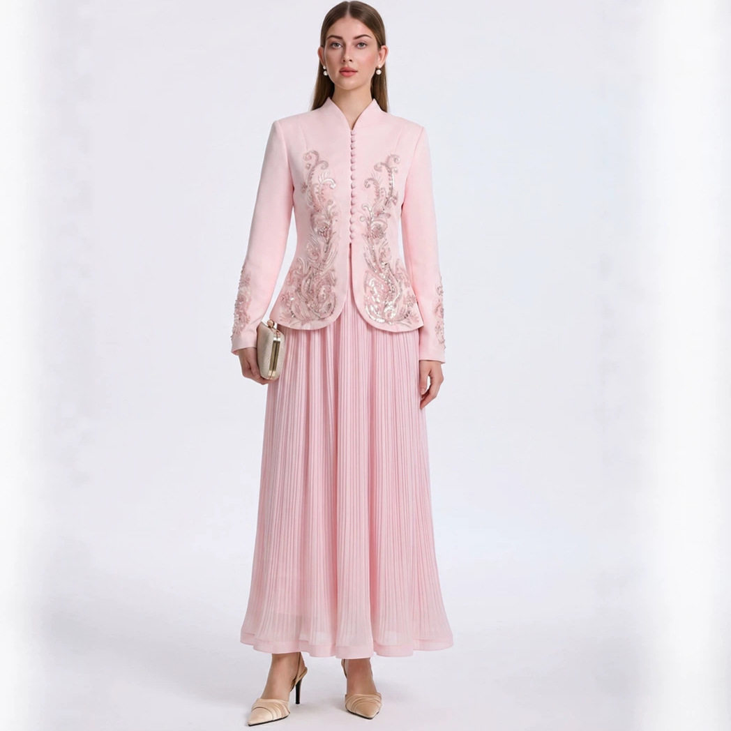 French Style V Neck Embroidered Jacket with High Waisted Pleated Skirt Elegant Lightweight Two Piece Set for Spring and
