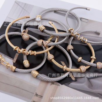 Cross-Border Popular Multiple Styles Open Stainless Steel Inlaid Zircon Bracelet Bracelet Gold and Silver Double Color Fashion High-End