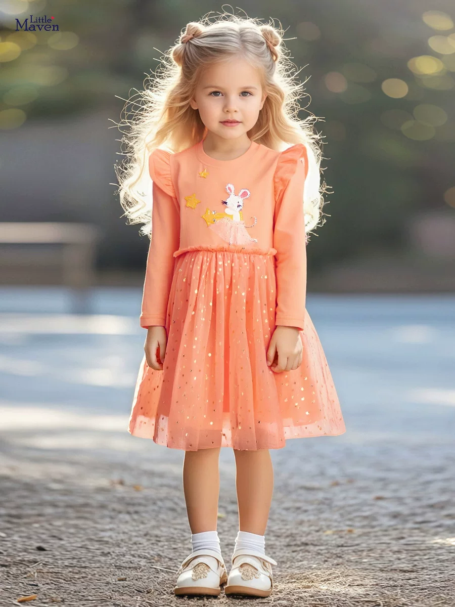 Autumn Girls' Tulle Princess Dress, Cartoon Cotton Kids' Dress