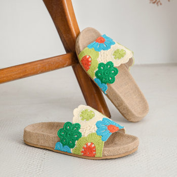 T50 Blue Snow｜2025 New Summer Breathable Linen Slippers Color-Blocked Embroidered Non-Slip Slippers