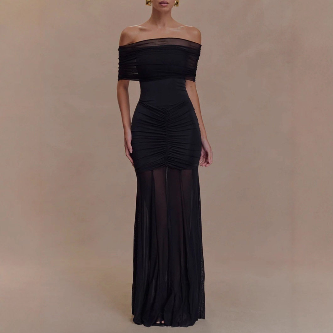 Off Shoulder Ruched Mesh Panel Dress Sexy Sheer Elegant Perfect for Parties and Special Occasions Wholesale