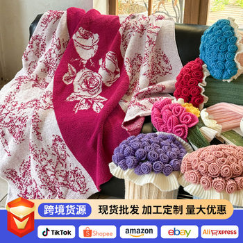 Cross-Border Multifunctional Blanket Rose Bouquet Pillow Bedroom Sofa Cushion Half Velvet Knitted Blanket Throw Blanket Gift Blanket