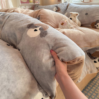 Cartoon Milk Velvet Four-Piece Winter Thickeneded Coral Velvet Quilt Cover Flannel Bedding Fleece-Lined Bed Bed Sheetss and Quilt Covers