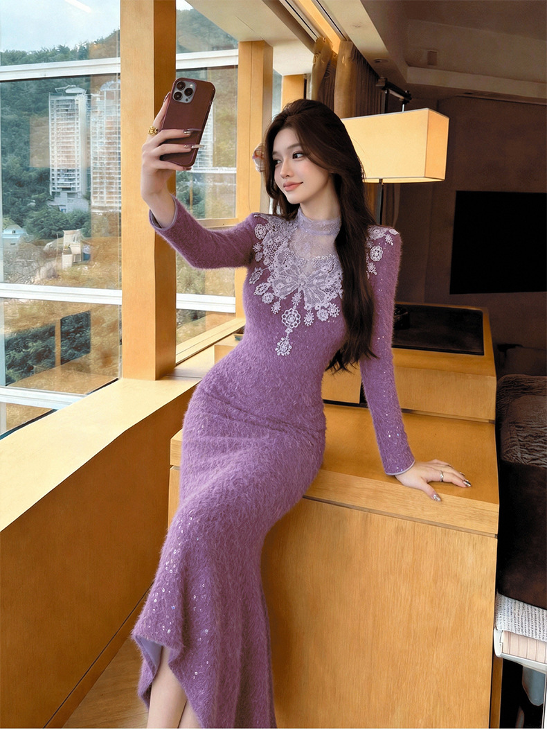 Đầm liền thân nữ cổ tròn phối ren ôm dáng đuôi cá dài — Màu tím