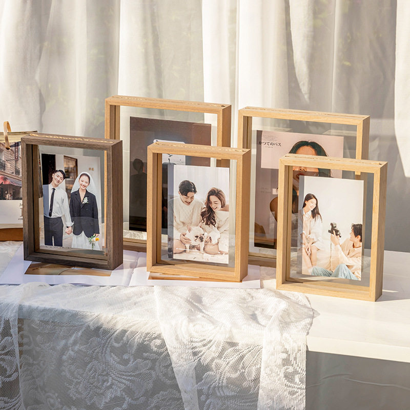 Solid Wood Texture Photo Frame Display Stand 6-Inch 8 Embossed Double-Sided Glass Photo Frame Album Specimen Frame Transparent Solid Wood Photo Frame