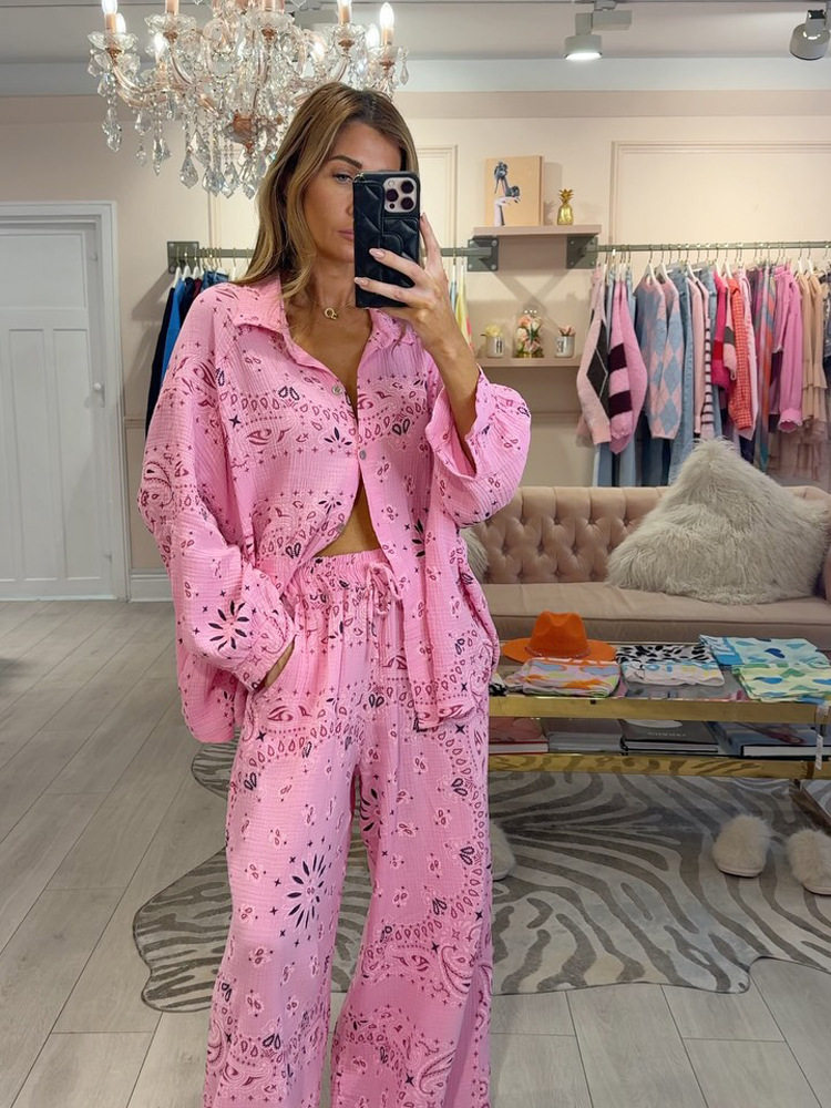 Womens Printed Hollow Out Button Up Shirt and Loose Pants Set Comfortable Trendy Versatile Perfect for Casual