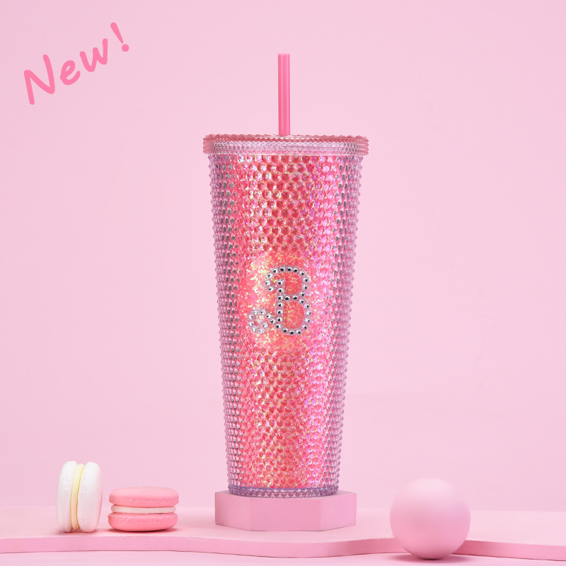双层塑料吸管杯710ml大容量创意吸管杯扎手杯榴莲杯便携钻石杯