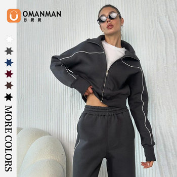 Amazon European and American New Autumn Casual Suit Women's Long-Sleeved Zipper Sweatshirt Jacket Stripesd Elastic Pants Two-Piece Set