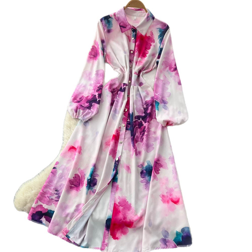 Fashionable Womens Floral Print Dress Long Sleeve Waist Tie A Line Silhouette Versatile for Work or Casual Occasions