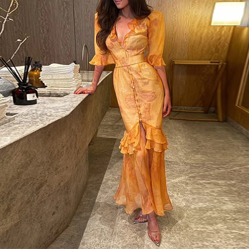 Womens Vintage Floral Print Puff Sleeve Split Dress Spring Collection Stylish Design Elegant Fit Wholesale Available