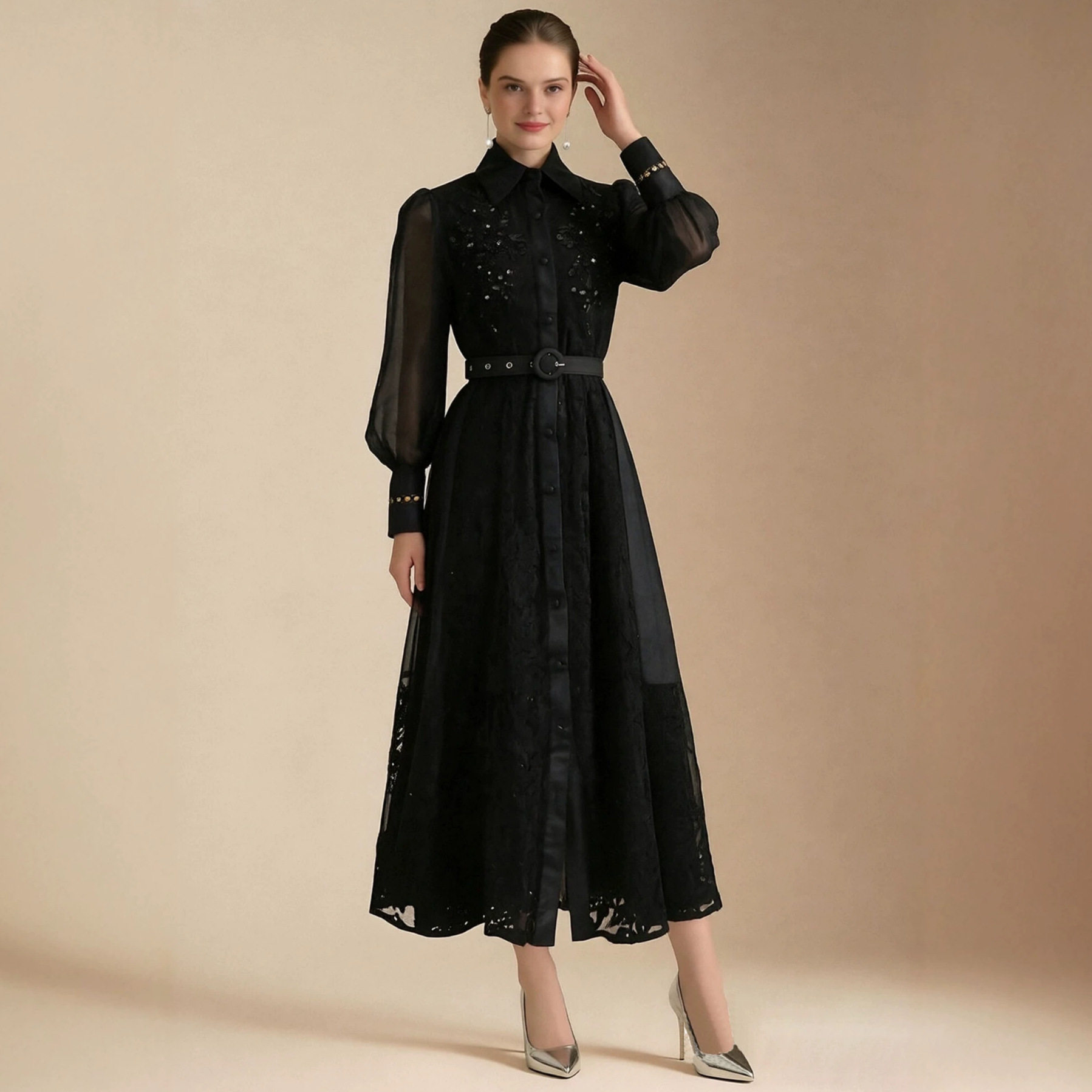 Elegant Long Sleeve Dress with Sequined Mesh Panels Lace Waist Tie Flared Skirt Perfect for Formal Occasions