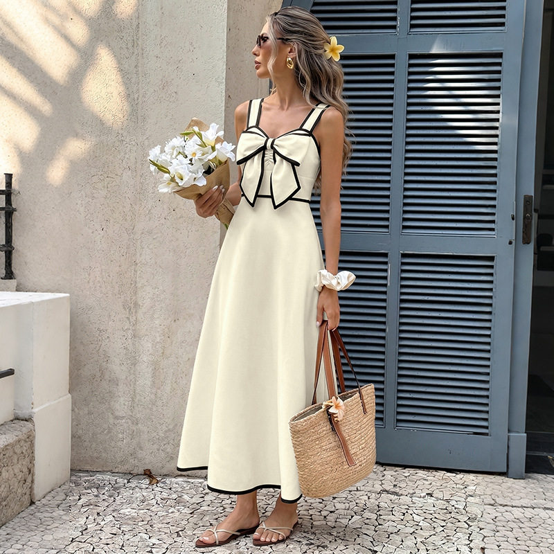 Vintage Inspired Color Block Bow Tie Waist Sundress Elegant Design Comfortable Fit Perfect for Summer Vacations