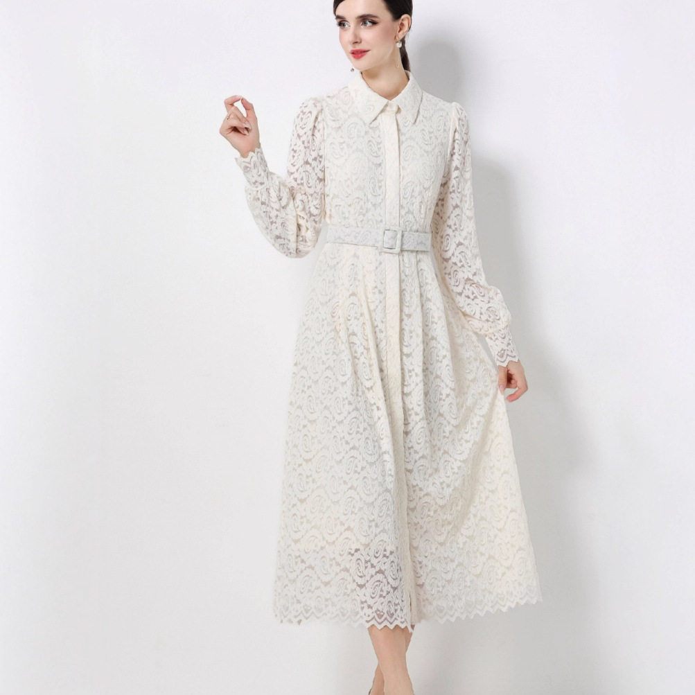 Elegant French Vintage Lace Maxi Dress for Women Autumn Style Waist Tie Single Breasted High End Feel Wholesale
