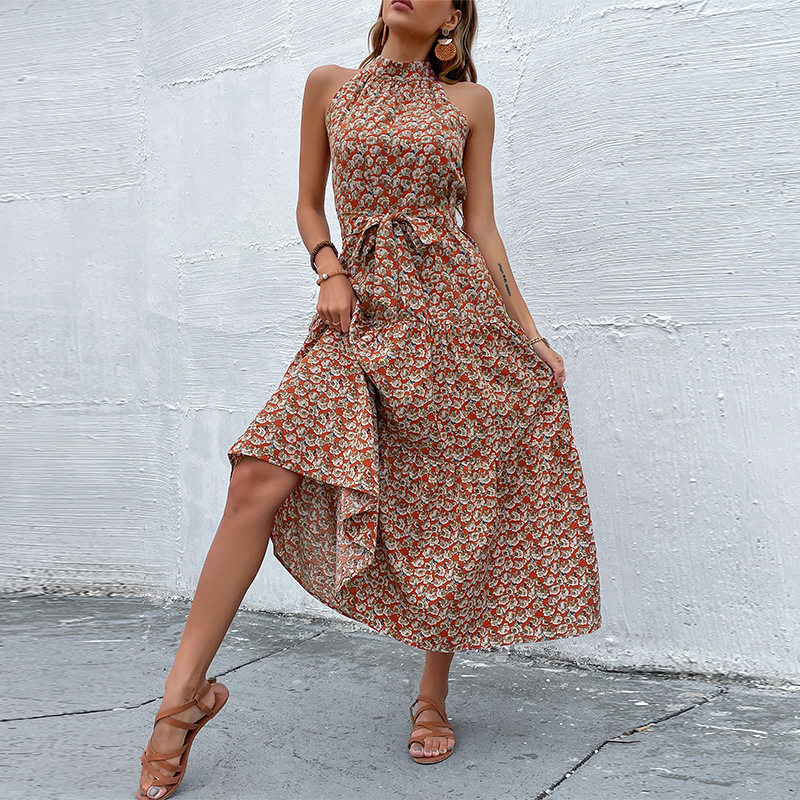 Floral Midi Dress Slim Fit Halter Neck Romantic Style Perfect for Vacation or Casual Outings Wholesale Available