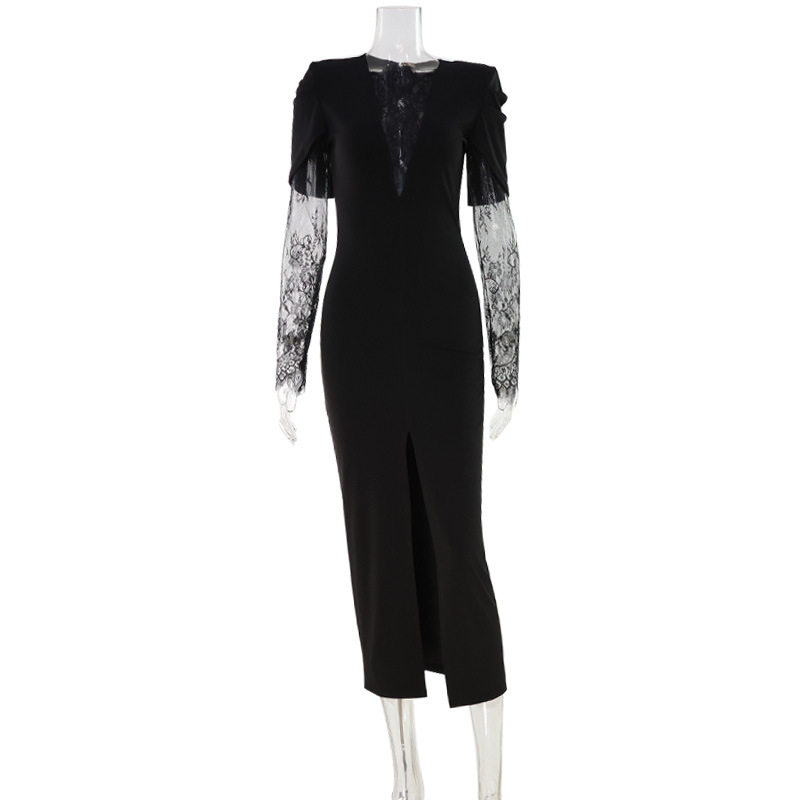 Elegant V Neck Lace Panel Bodycon Dress Chic Split Design Luxurious Feel Perfect for Autumn and Winter Events