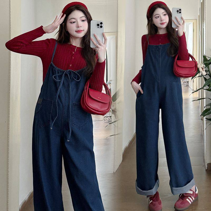 Unmun Maternity Overalls Spring and Autum New Retro Casual Front and Rear Two-Wear Wide-Leg Jeans Sweater Bottoming