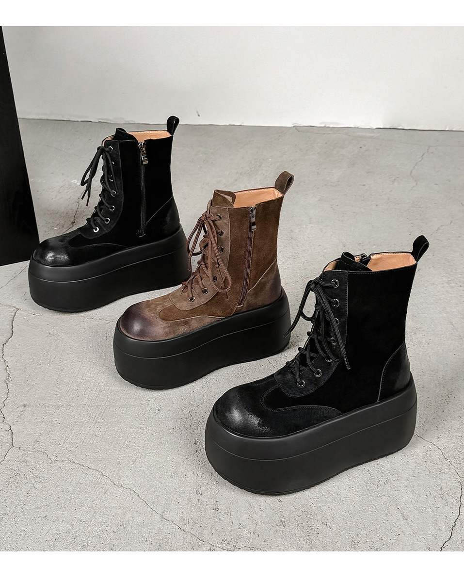 Boot Martin nữ đế dày 8.5cm cổ ngắn dây buộc phối màu da lộn — Lớp lót đơn màu be, Lớp lót đơn màu đen, Lót nhung đen, Lót nhung màu be