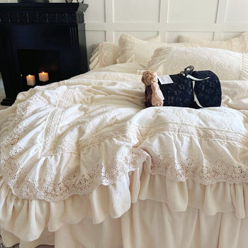 Winter French Carved Cream Style Milk Velvet Four-Piece Set Thickeneded Coral Velvet Cut Out Lace Quilt Cover Princess Bed Skirt