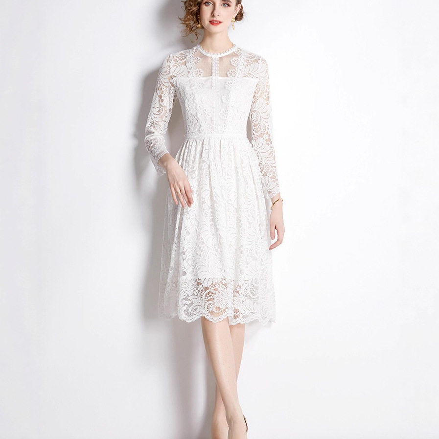 French Style White Lace Maxi Dress for Women Elegant Round Neck Flowy Silhouette Autumn Collection Wholesale Available