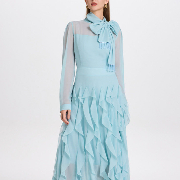 French Elegant Long Sleeve Dress with Bow Tie Ruffled Hem Waist Cinching Design Autumn Fashion for Women Wholesale