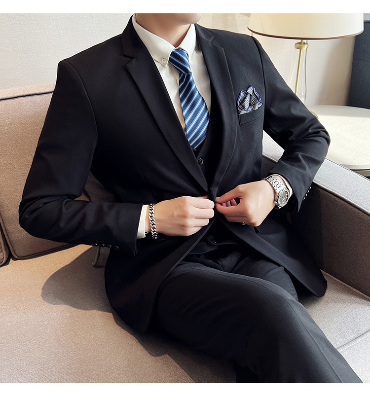 Bộ com-lê nam ba mảnh dáng ôm, áo vest một hàng khuy phong cách công sở — Màu xám (áo một nút + áo vest + quần), Màu xanh (áo một nút + áo vest + quần), Màu đen (áo một nút + áo vest + quần), Màu xanh navy (áo một nút + vest + quần)