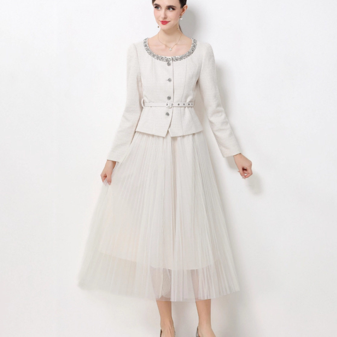 Chic Womens Suit Jacket Beaded Round Neck Waist Cinched Design High Waisted Tulle Pleated Skirt Elegant French Style
