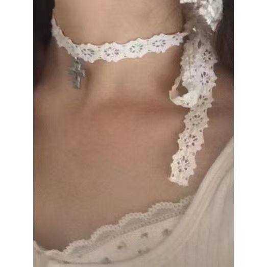 Original Lace Cross Bow Strap Choker Women's French Style Elegant Necklace Chain Collarbone Collar