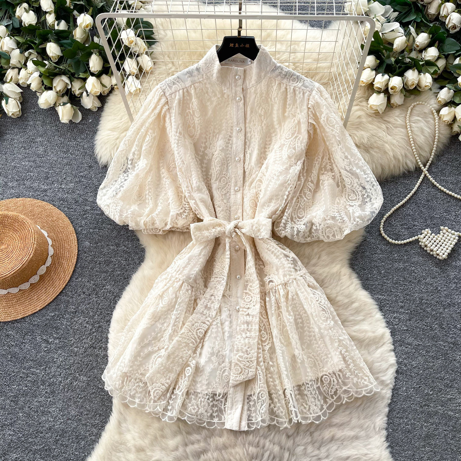 French Court Style Lantern Sleeve Lace Dress for Women V Neck Tie Waist A Line Silhouette Summer Elegant Occasion