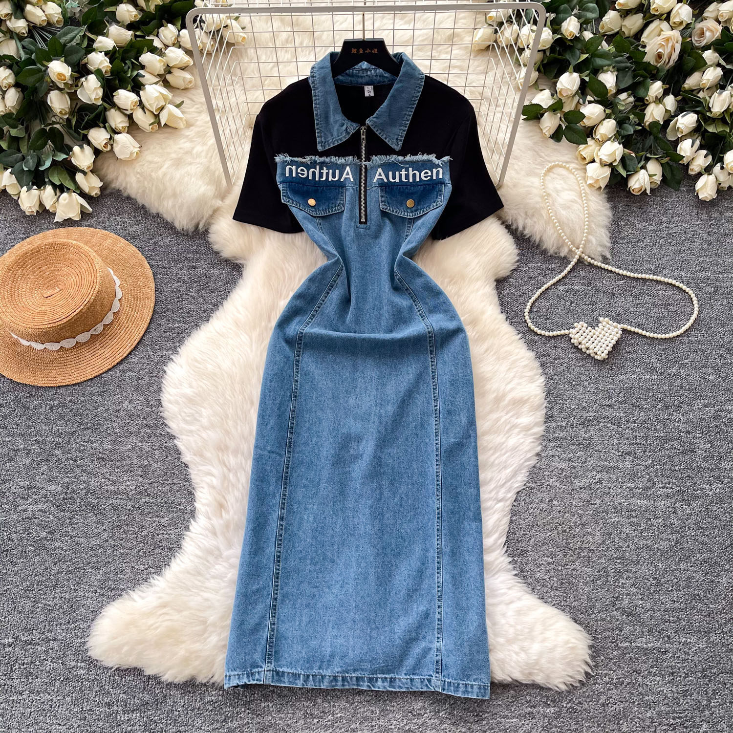 Womens Summer A Line Denim Dress Short Sleeve Waist Defining Color Block Design Perfect for Work or Casual Outings
