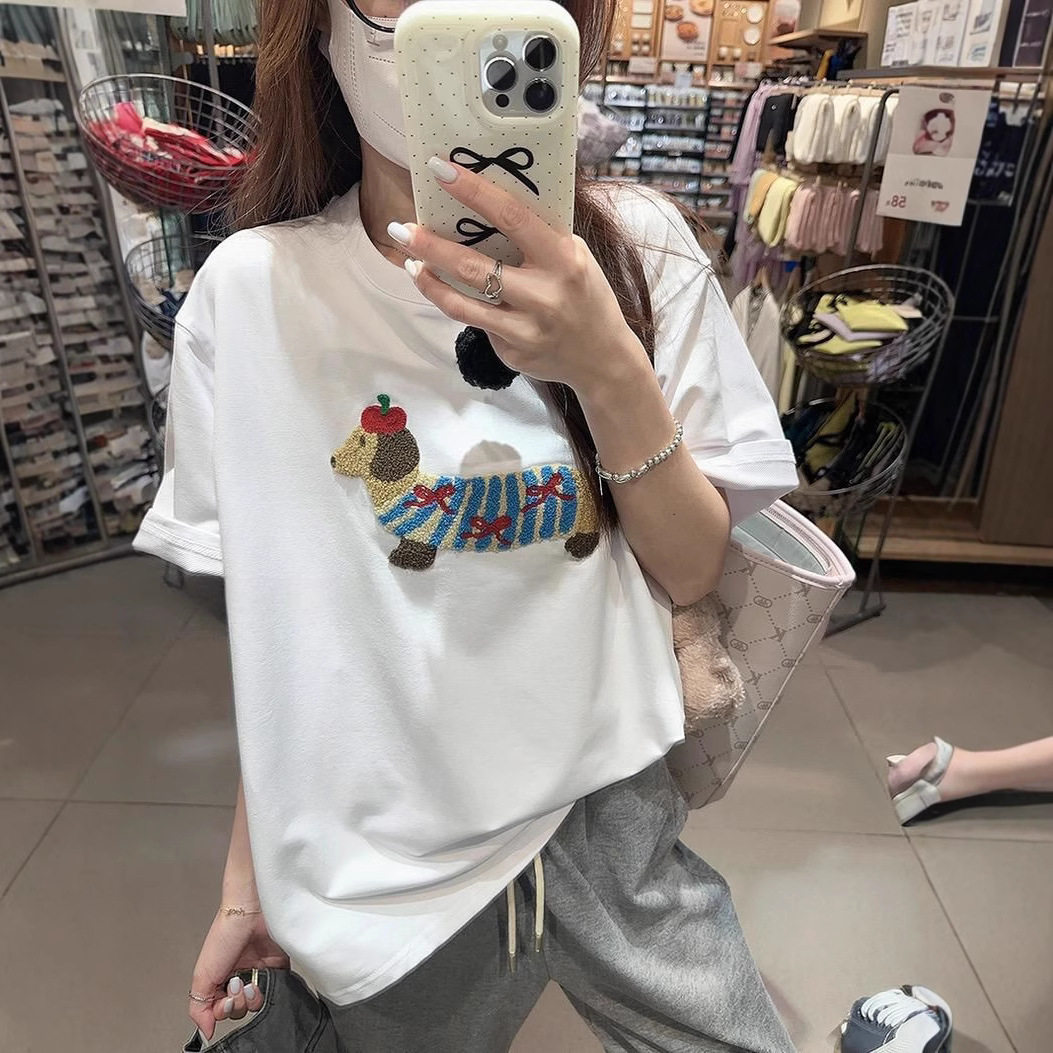 Dachshund Embroidered Short Sleeve T Shirt for Women Summer Collection Korean Style Loose Fit Fashionable and