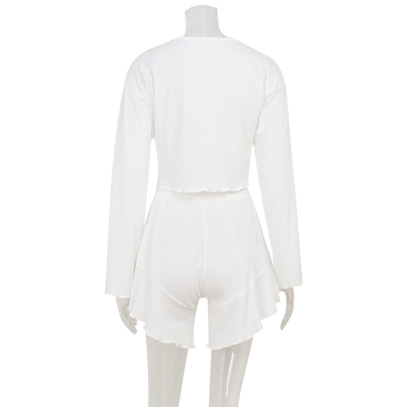 Summer Casual Two Piece Set Loose Fit Cardigan Top with Drawstring and Shorts Comfortable Home Wear Wholesale Available