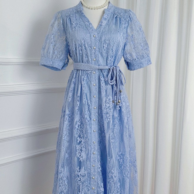 French Elegant Maxi Dress Summer Fashion Embroidered Lace Waist Tie Button Closure Perfect for Parties and Events