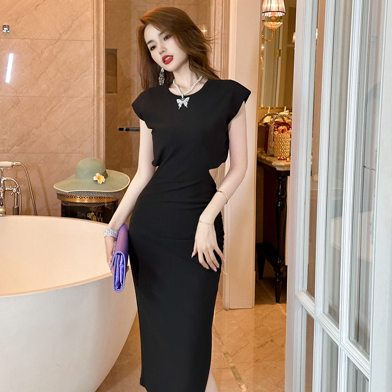 Đầm ôm body nữ cổ tròn tay ngắn dáng midi cao eo — [Hồng], [Đen]