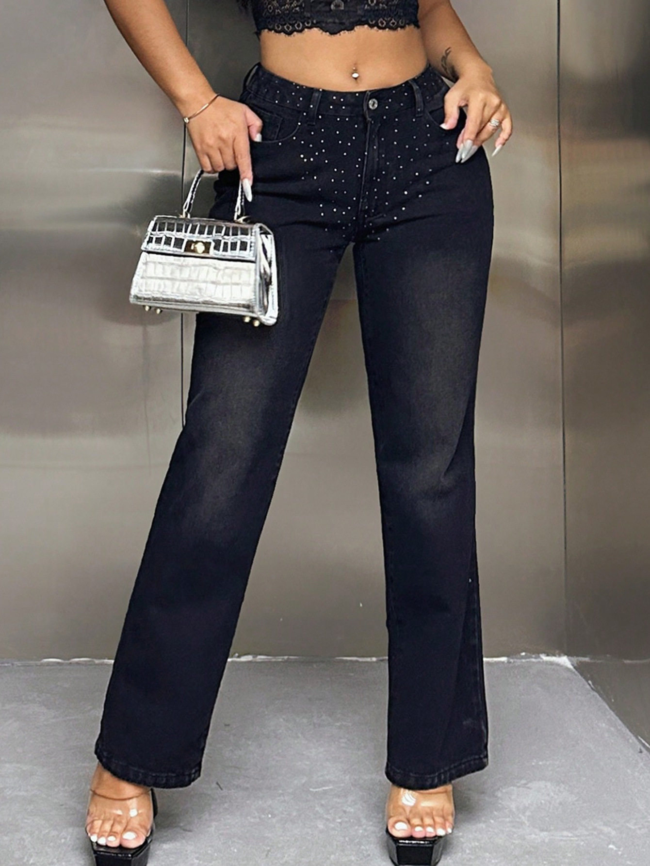 High Waisted Fashion Denim Straight Leg Pants Rhinestone Embellished Casual Style Womens Apparel Wholesale Available