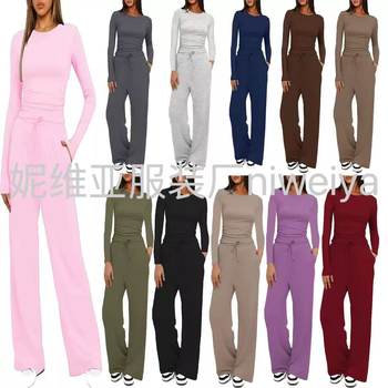 2024 Cross-border Europe and America Amazon New Solid Color Casual Long Sleeve suit Top High Waist Wide Leg Pants Sportswear