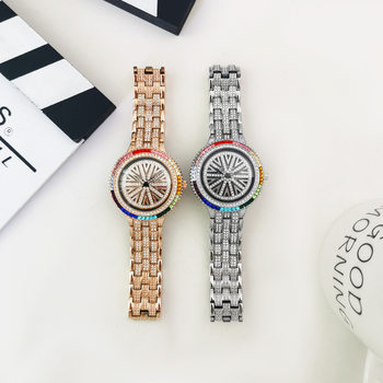 Time running full diamond large dial watch women's waterproof steel belt rainbow fructose color socialite temperament Women's Watch New