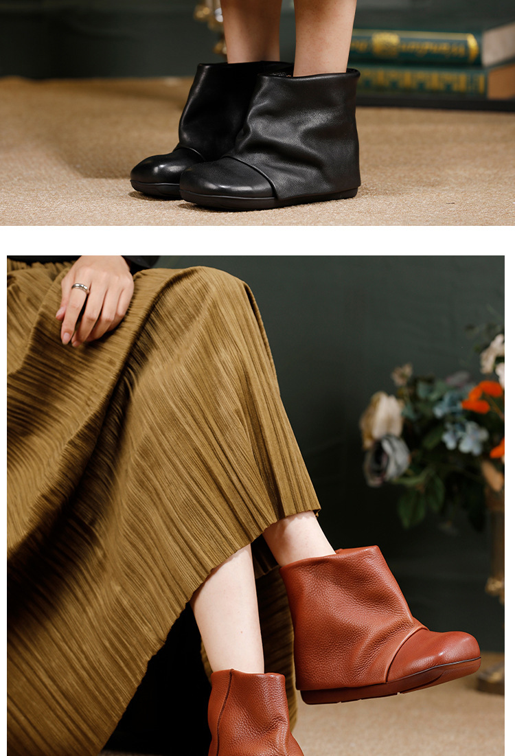 Boot nữ cổ ngắn da bò thật đế bằng mũi tròn phong cách cổ điển — màu đen, Màu nâu