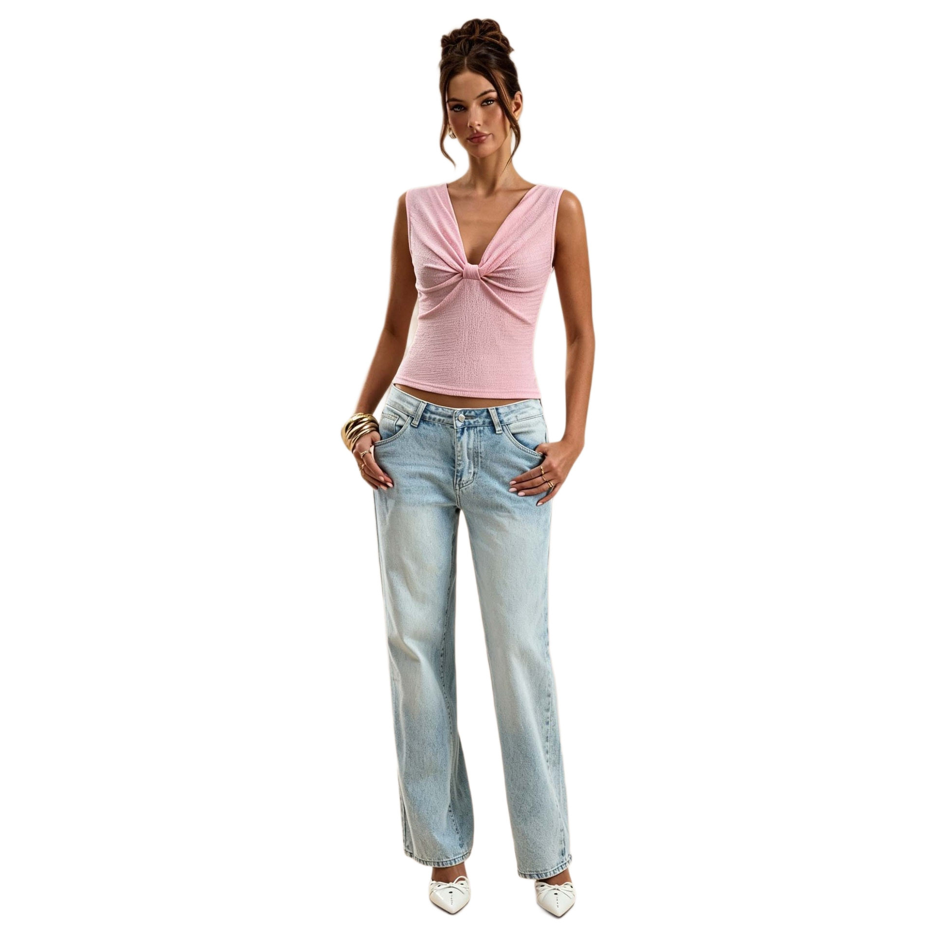 Womens Summer Sleeveless V Neck Twist Top Textured Slim Fit Elegant Style Perfect for Casual or Dressy Occasions