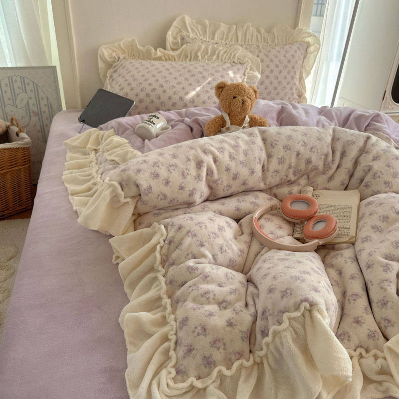 Korean Floral Lace Milk Velvet Four-Piece Winter Thickeneded Coral Velvet Quilt Cover Bed Sheets Flannel Three-Piece Set