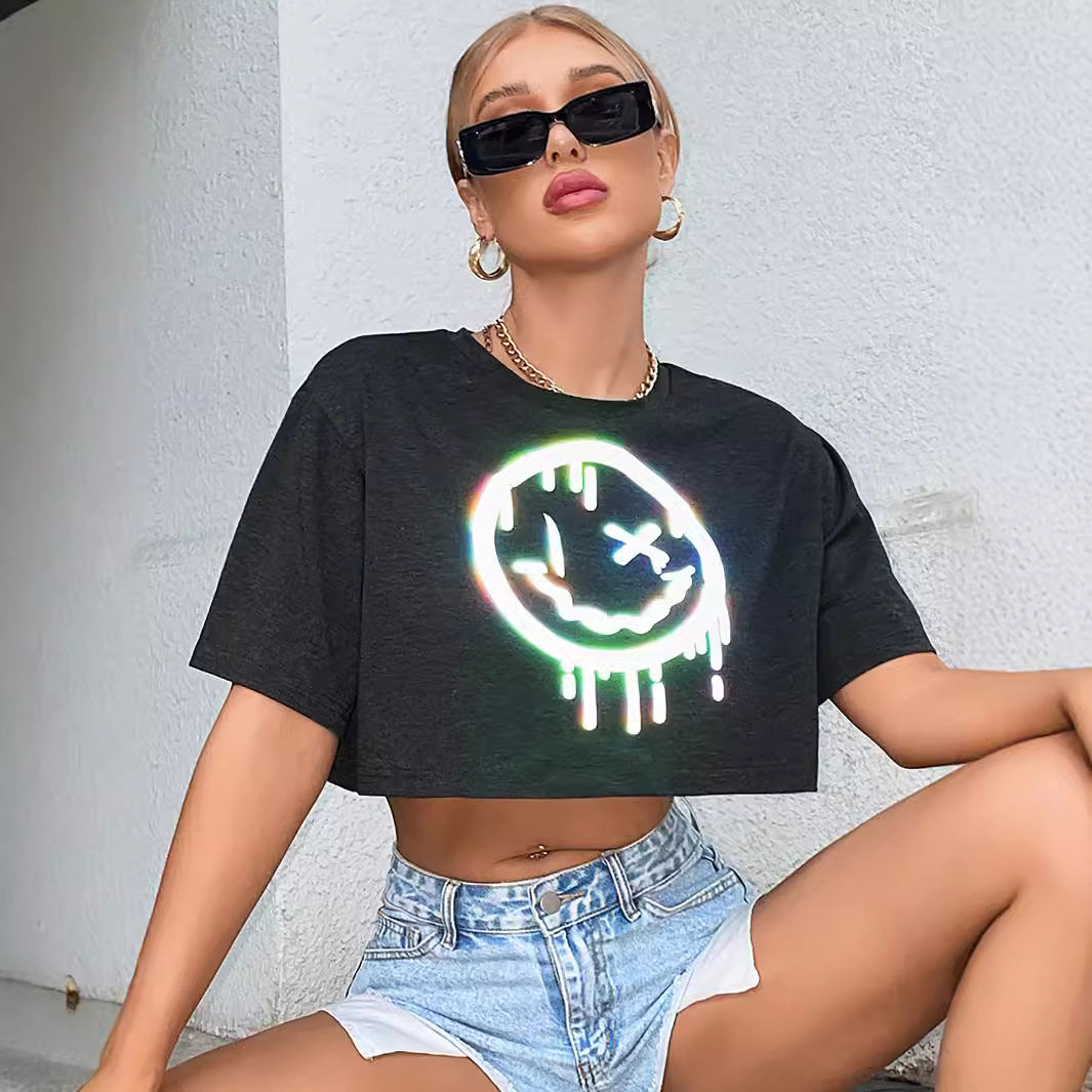 Reflective Short Sleeve T Shirt Trendy Smile Print Versatile Spring Summer Style Wholesale Available