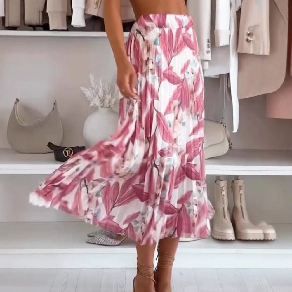 Bohemian Satin Pleated Midi Skirt Floral Print Accordion Pleats Elegant Style Perfect for Parties and Casual Wear
