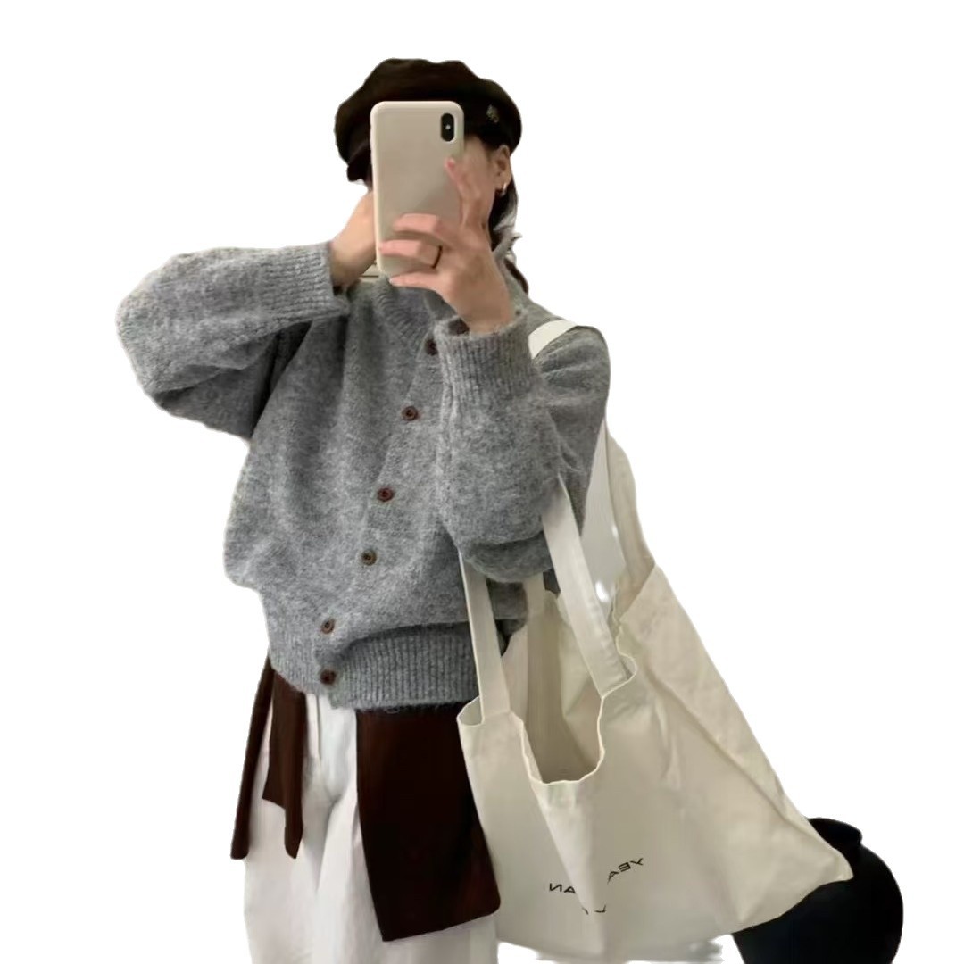 韩系复古立领高领毛衣外套女秋冬软糯糯上衣外穿宽松慵懒针织开衫