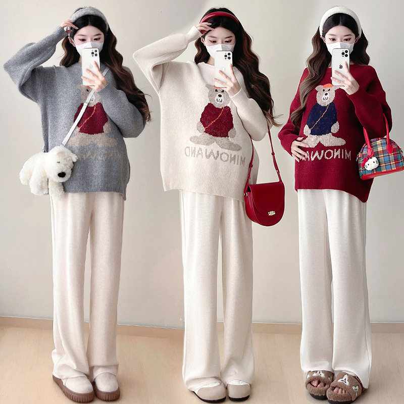 Pregnant Women's Autumn and Winter Sweater suit 2024 New Bear Thickened Loose All-match Knitted Shirt Casual Two-piece Set