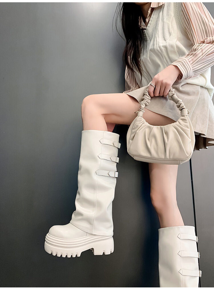 Boot nữ cổ cao ôm bắp chân da bò đế dày tôn dáng — Lớp lót đơn màu nâu 12cm, Lớp lót đơn màu nâu 15cm, Lớp lót đơn màu trắng nhạt 12cm, Lớp lót đơn màu trắng nhạt 15cm