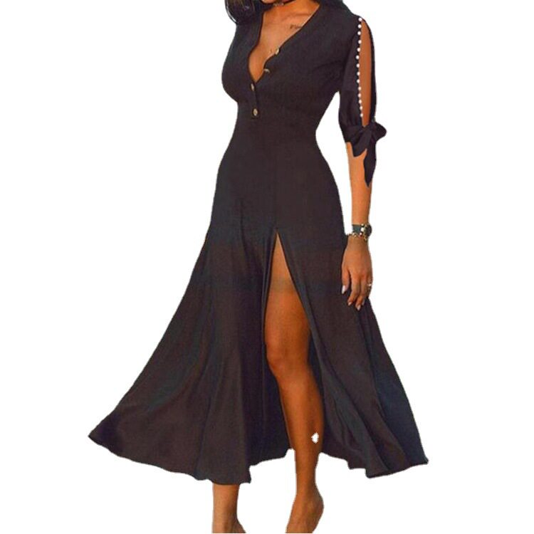 Elegant Pearl Embellished V Neck Split Maxi Dress 5 Point Sleeve Flowing Fabric Lightweight Perfect for Formal