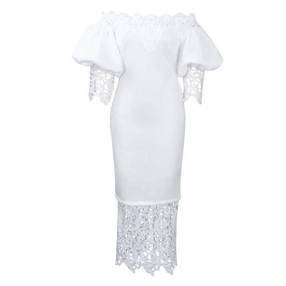 Off Shoulder Lace Trimmed Evening Dress Lantern Sleeves Elegant Design Perfect for Parties Wholesale Availability